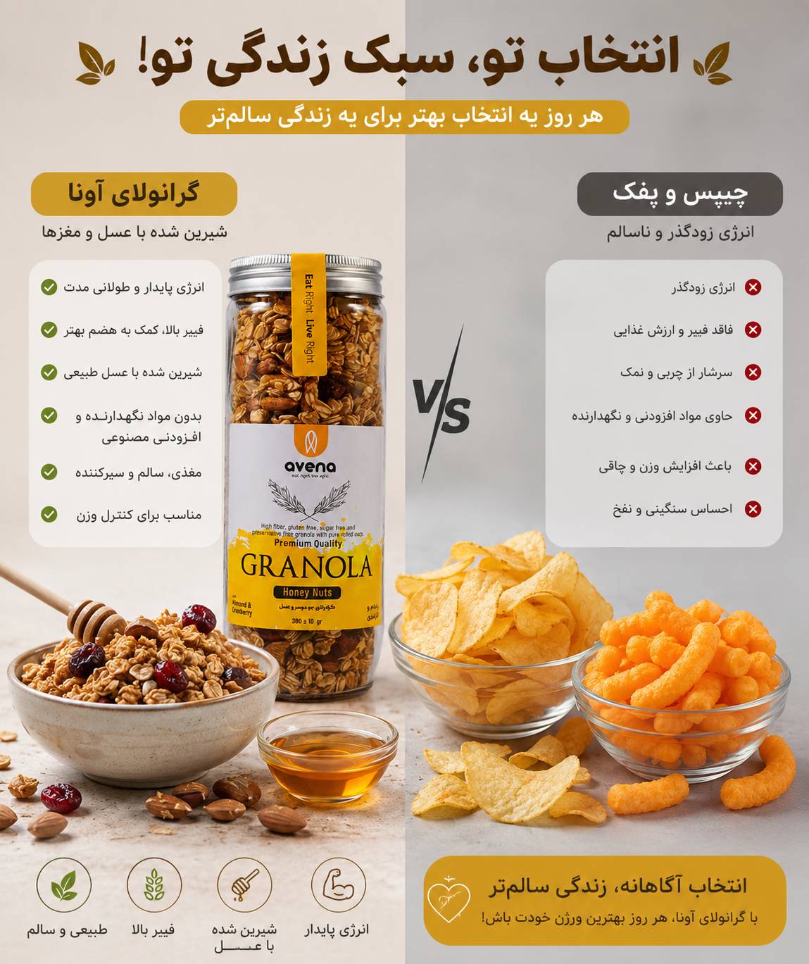 چیپس یا گرانولا؟ مقایسه ارزش غذایی و قیمت در سال ۱۴۰۵ 5 چیپس یا گرانولا جو دوسر رایس کیک جایگزین چیپس میان وعده سالم تنقلات سالم