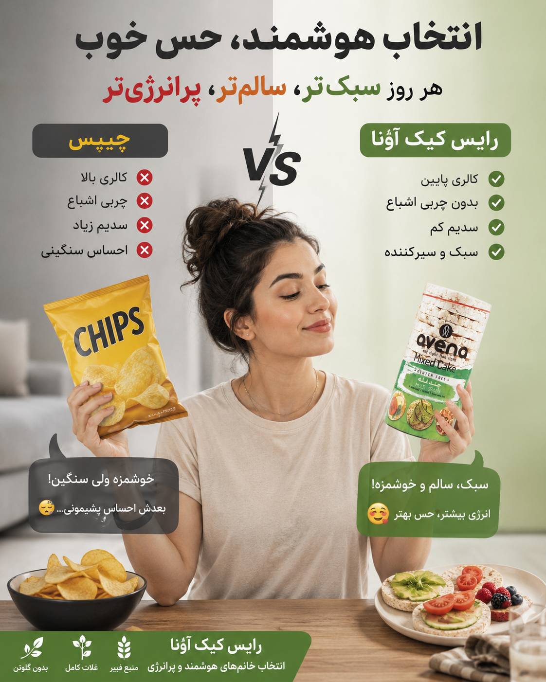 چیپس یا گرانولا؟ مقایسه ارزش غذایی و قیمت در سال ۱۴۰۵ 3 چیپس یا گرانولا جو دوسر رایس کیک جایگزین چیپس میان وعده سالم تنقلات سالم